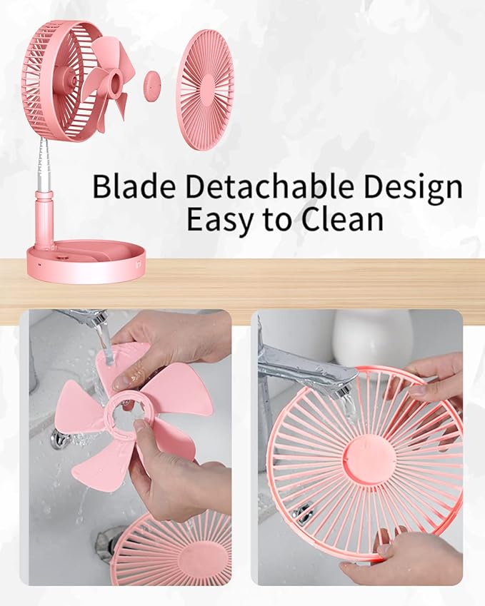 UN UNITEDTIME Desk and table fan, foldable Fan Portable Travel Fans Battery Operated,Adjustable Height My Foldaway fan with remote Control Timer, 4 Speed Settings (Pink)