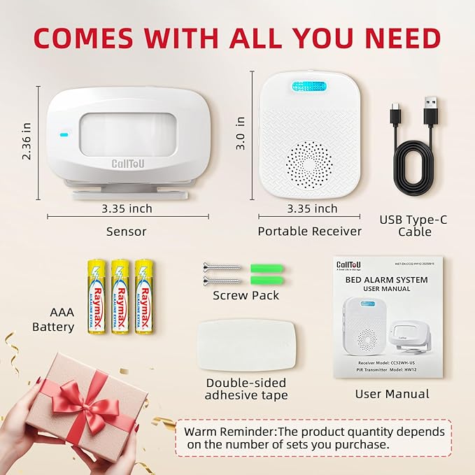 CallToU Bed Alarms for Elderly/Dementia Patients who Wander, Portable Pager & Sensor with Vibration and Silent Alert Features, Fall Prevention Alert for Home Hospital Care, Room Monitor.