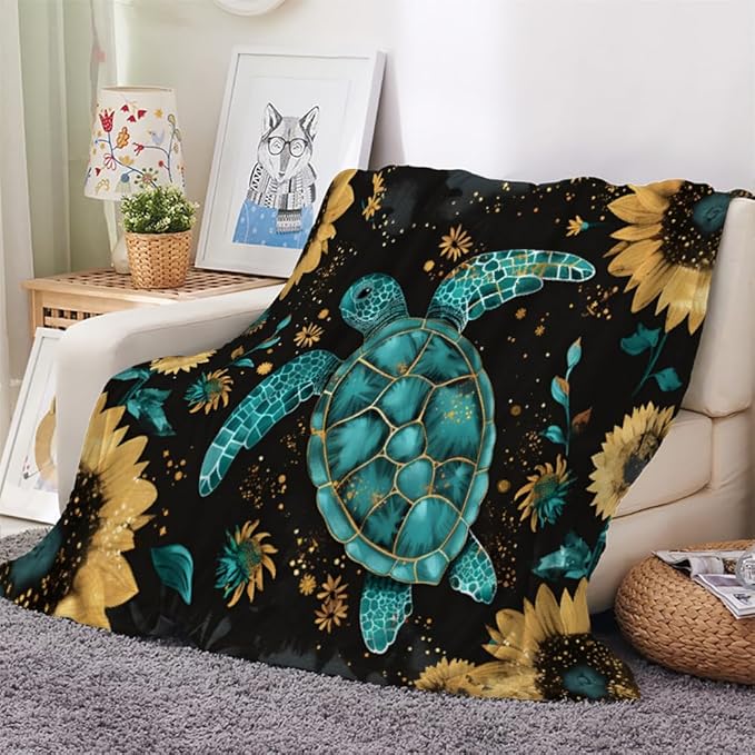 Sea Turtle Throw Blanket, Yellow Sunflowers Fleece Blanket for Couch Bed Sofa, Ocean Floral Blankets and Throws, Marine Reptile Super Soft Cozy Plush Flannel Blanket 50x70, Decor & Gift