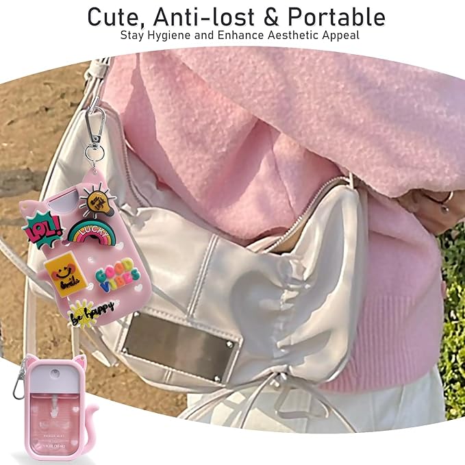 Silicone Case Compatible with Touchland Hand Sanitizer Spray 1 FL OZ/30ML,Stylish & Portable Hand Sanitizer Spray Accessory with 6 Charms Decorations & a Keychain (Pink)
