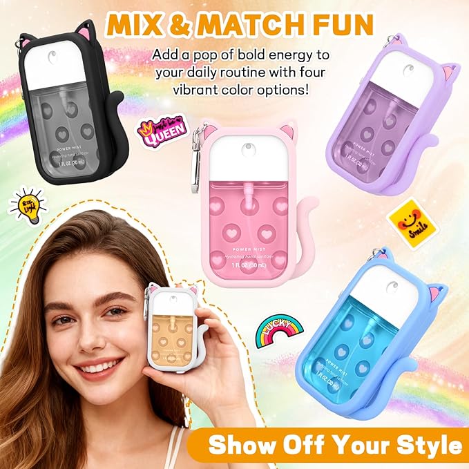 Cute Cat Silicone Cover for Touchland Hand Sanitizer Spray with Keychain,Fit 1FL OZ/30ML Power Mist,4 Charms Accessory Hand Sanitizer Keychain Holder for Touchland(1PCS White)
