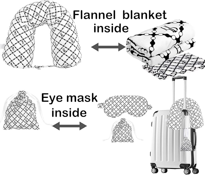 Travel Pillow with Detachable Flannel Blanket & Eye Mask – Plush Velvet Neck Support Pillow for Airplane,Car,Office Rest,Coordinated Digital Print Set (Black Circular Grid, 60in * 79in)