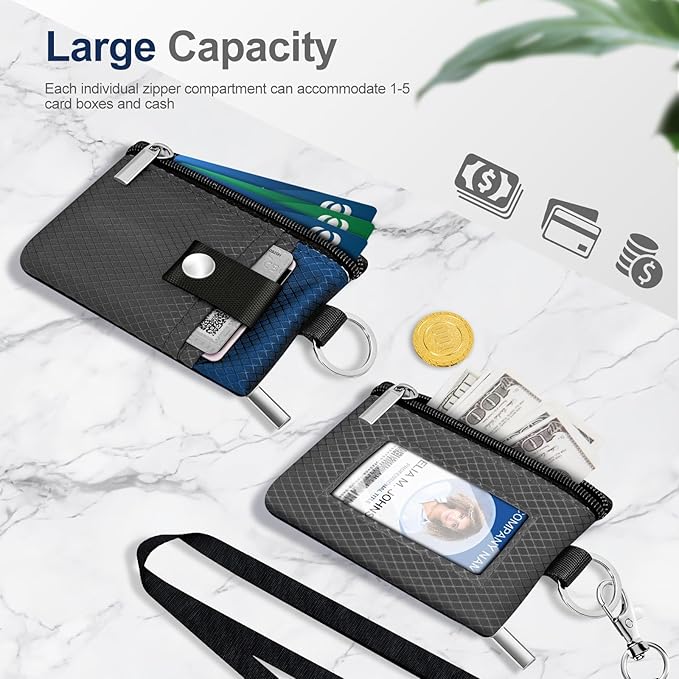 Minimalist RFID Blocking Small Wallet with ID Window,WaterResistant Zip Id Case Wallet with Lanyard Keychain for Cards,Cash,Travel,Women,Men (DarkGrey/Electric Blue)