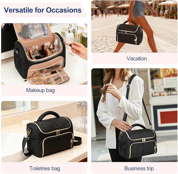 GR69N Travel Toiletry Bag Large Cosmetic Makeup Bag Organizer for Women,Wide-open Make Up Bag Waterproof Makeup Case Travel Bag with Handle and Dividers for Toiletries,Essentials,Accessories,Black
