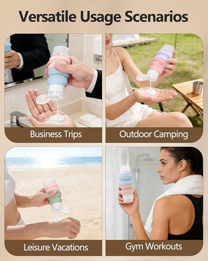 Silicone Travel Bottles for Toiletries, 3 Pack Collapsible Travel Size Containers Dual-ended Bottles for Women, Refillable & Leak Proof Empty Silicone Squeeze Bottle for Shampoo & Body Wash, 1.5oz x 6