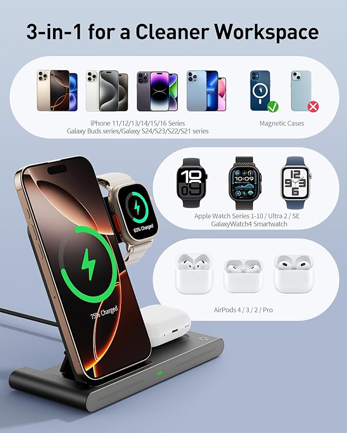 2026 Traveling Portable Wireless Fast Charger for Apple & Android Charging Station, 3 in 1 Charging for iPhone 16 15 14 13 12, Apple Watch Series & Air pods 4 3 2 Pro, Samsung Galaxy-Gifts for Family
