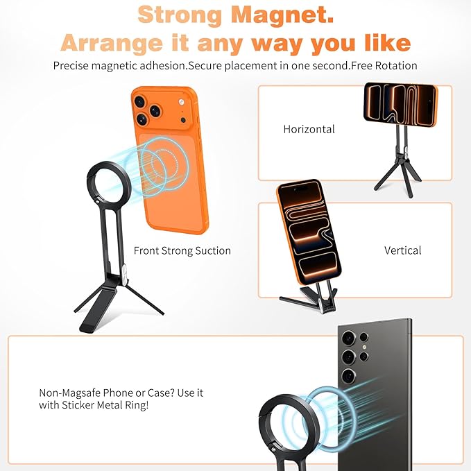 Jiunai compatible with MagSafe Tripod Stand Adjustable Magnetic Alloy Phone Carabiner Phone Holder Tripod for iPhone 17 Pro Max 16 15 14 Phone Stand for Vlog Gym Airplane Travel Essentials Accessories