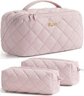 Travel Makeup Bag, 3 Pcs Large Capacity Puffy Toiletry Bag for Women, Open Flat Make up Cosmetic Organizer w/Handle & Clear Divider Water-resistant Portable Pouch Travel Essentials, L-Light Pink