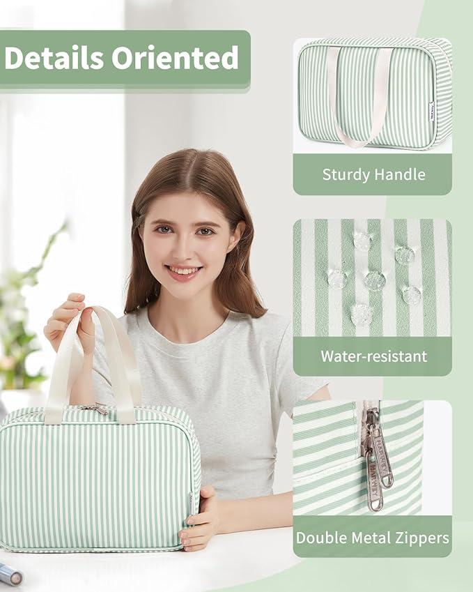 Full Size Toiletry Bag Women Large Cosmetic Bag Travel Makeup Bag Organizer Medicine Bag for Toiletries Essentials Accessories (Mint Green Stripe, Large)