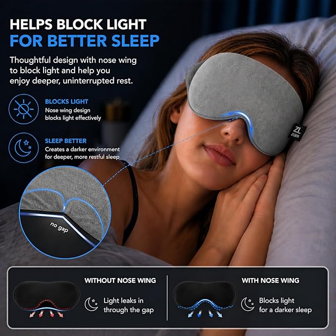 Cool-Touch Cotton Eye Sleep Mask for Men & Women, Soft & Breathable, Pressure-Free Design for Side Sleepers, Adjustable Light Blocking Mask for Sleeping, Travel & Naps (Gray)
