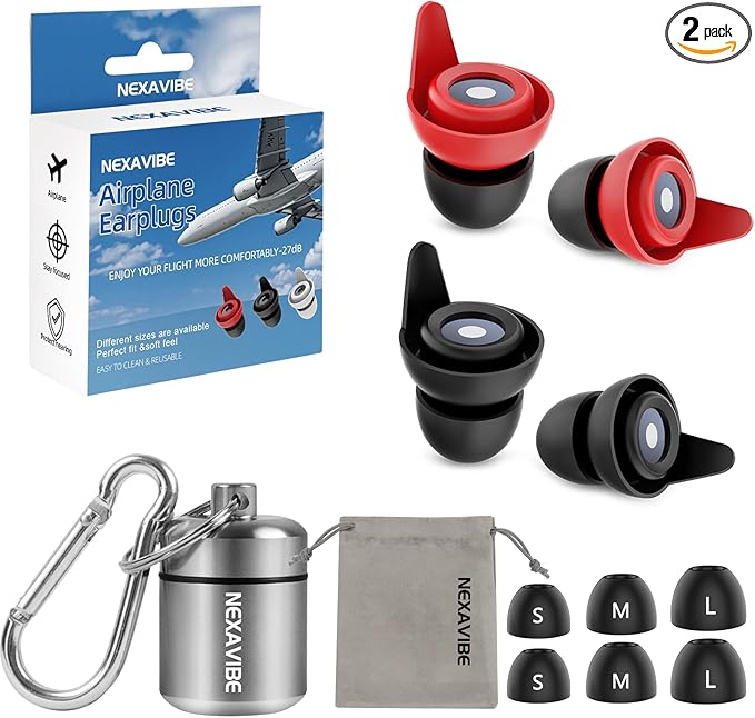 Noise Canceling Earplugs for Airplane: 27dB Reduction, Ear Pressure Relief. 2 Pairs, 3 Sizes (Kids & Adults). Reusable Silicone, Aluminum Case. Ideal for Concerts, Motorcycle, Sleeping