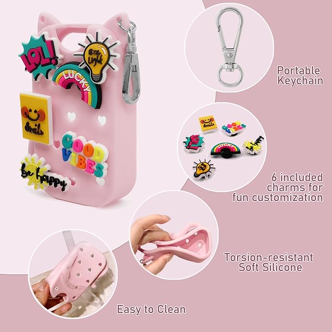 Silicone Case Compatible with Touchland Hand Sanitizer Spray 1 FL OZ/30ML,Stylish & Portable Hand Sanitizer Spray Accessory with 6 Charms Decorations & a Keychain (Pink)