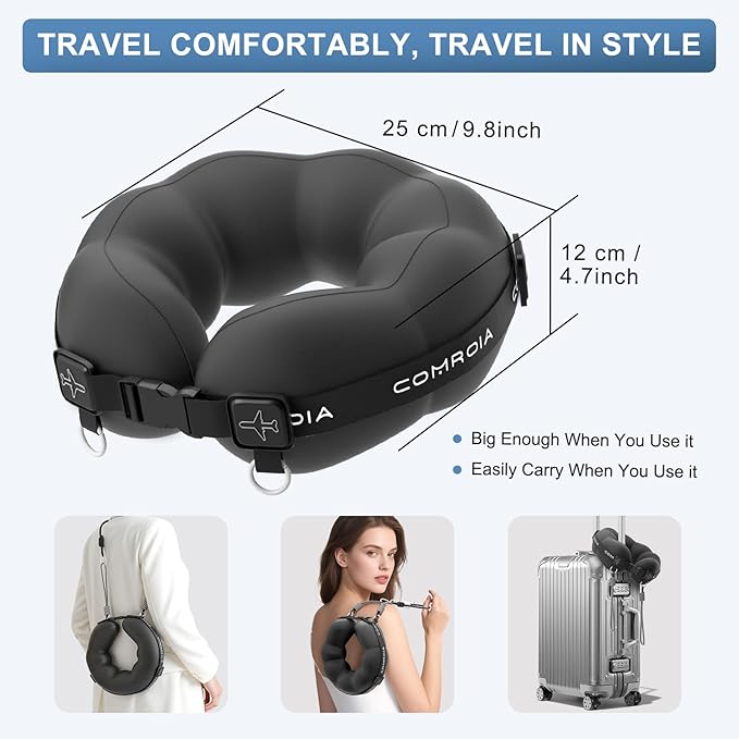 Travel Neck Pillow for Airplane Sleeping – 360° Head Support Prevents Bobbing, 100% Memory Foam Ergonomic Neck Cushion with No-Case-Needed Carry Strap for Long Flights & Car – Washable Cover (Black)