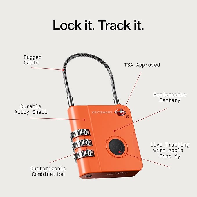 KeySmart SmartLock Tracking Luggage Locks, TSA Locks for Luggage, Combination Lock Compatible with Apple Find My App, Best Travel Essentials, Replaceable Non-Rechargeable Battery (Orange 5 Pack)