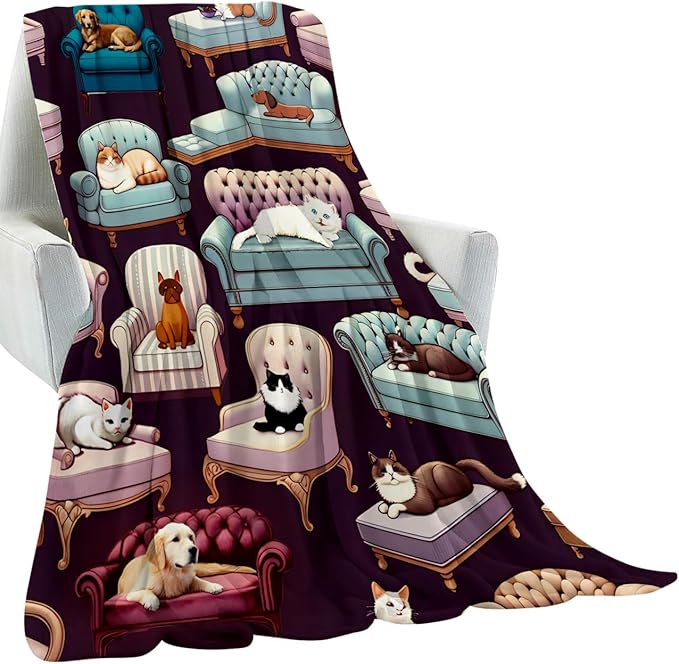 Dog and Cat on Sofa Blanket Gifts for Kids Adult,Cute and Playful Animal Throw Blankets,Soft Comfy Lightweight for Room Couch Bed Modern Adorable Decor,Pet Lover 60x50in