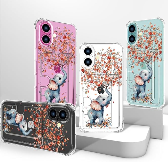 Compatible with iPhone 17 Case Card Holder for Women Cute Design,Wallet Phone Cases Transparent Cool Kawaii Protective (Clear Elephant Creating Flowers)