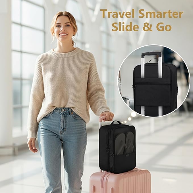 Aosbos 2 Layers Shoe Bags for Travel with Trolley Sleeve Portable Shoe Storage Pouch Shoe Packing Cubes with Structure, Black