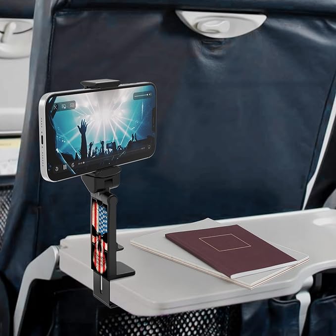Beyond Cell Travel Accessories, Universal Seat Back Tray Table Hands Free Phone Clip Holder, Adjustable Pocket Size Airplane Travel Essentials Compatible with iPhone and Android US Flag Skull B