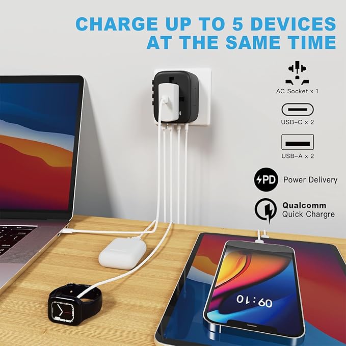 HAPOW Universal Travel Adapter, PD20W International Power Adapter, 2 USB-C & 2 USB-A Fast Charging Travel Charger, All in One Worldwide Travel Plug Adapter, Outlet Adapter for Europe EU UK USA AU
