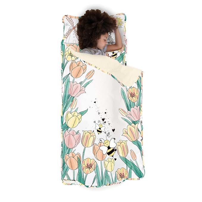 JumpOff Jo Extra Long Nap Mat for Kids - Cozy Kids Rest Mat with Removable Pillow and Ultra Soft Blanket for Preschool, Daycare, and Sleepovers - Tulip Fields