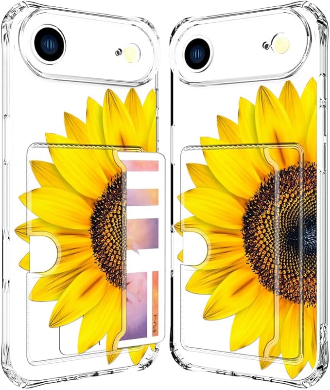 Compatible with iPhone 17 Air Case Card Holder for Women Cute Design,Wallet Phone Cases Transparent Cool Kawaii Protective (Clear Sunflower Sun Flower)