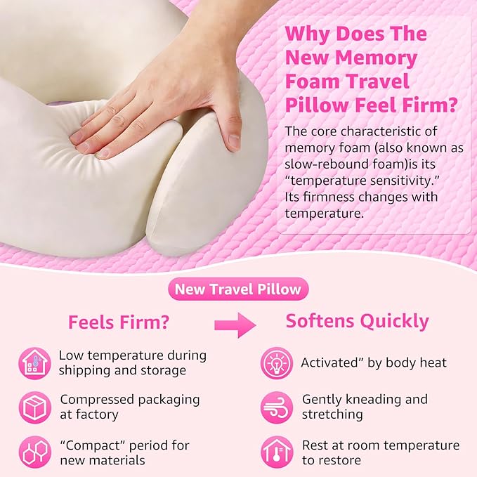 Travel Pillows for Airplanes Ergonomic Memory Foam Neck Pillow for Travel - 360° Head & Neck Support for Sleeping on Flights, Cars, Trains & Office (Pink-2)