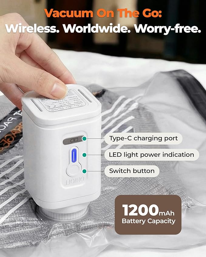 BAGSMART Rechargeable Wireless Pump Travel Storage Bags Set, Portable Space Saver Bags for Travel & Home, Vacuum Compression Seal Bag for Clothing- 12-Pcs Set