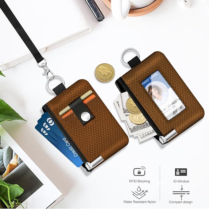 Minimalist RFID Blocking Small Wallet with ID Window,WaterResistant Zip Id Case Wallet with Lanyard Keychain for Cards,Cash,Travel,Women,Men (Brown)