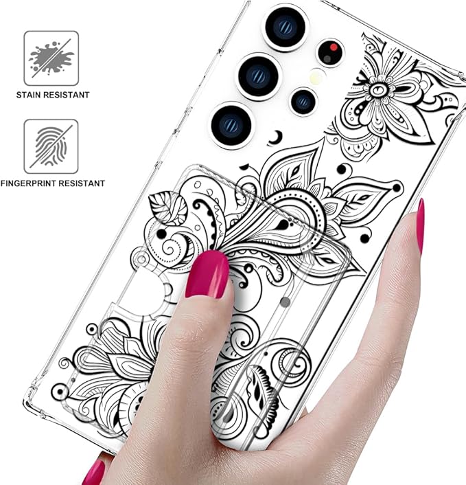 Compatible with Samsung Galaxy S24 Ultra Case Card Holder for Women Cute Design,Wallet Phone Cases Transparent Cool Kawaii Protective (Clear Black Henna Flower)