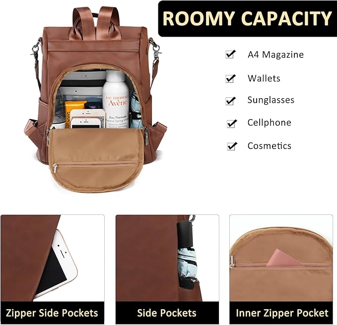 Fmeida Backpack Purse for Women PU Leather Anti Theft Backpack for Travel Convertible Fashion Daypack Brown
