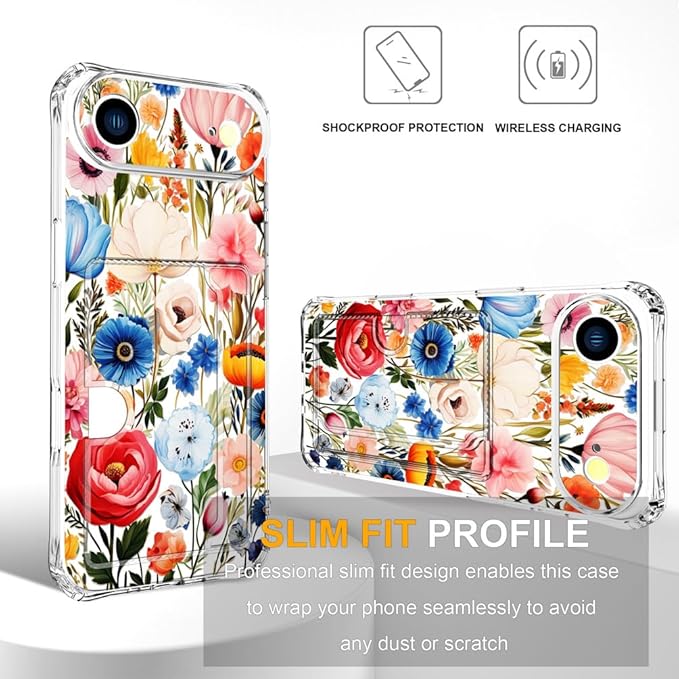 Compatible with iPhone 17 Air Case Card Holder for Women Cute Design,Wallet Phone Cases Transparent Cool Kawaii Protective (Clear Flower Art Rose Peony)