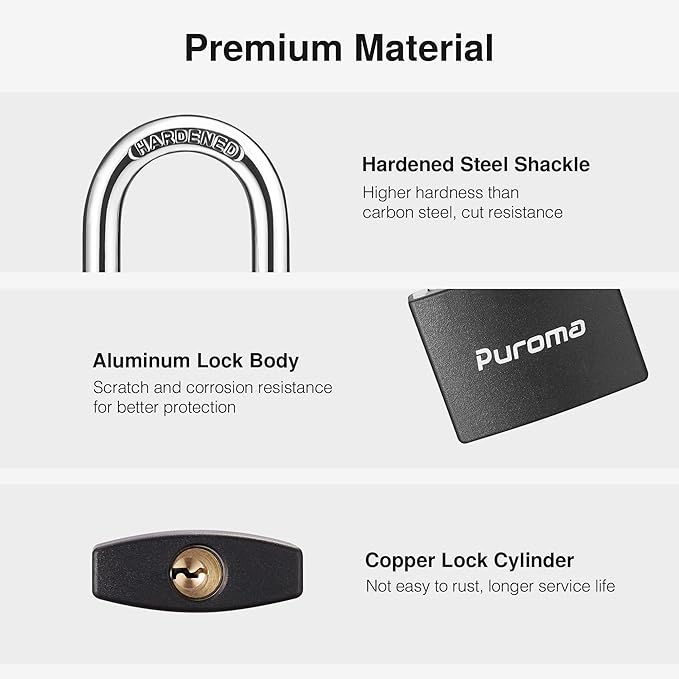 Puroma Lock Keyed Padlock, 1 Pack Aluminum Locks with 2 Keys Alike, 7/8 Inch Locker Lock 43mm Small Padlocks for Gate, Fence, Shed, Toolbox, School Gym Locker (Black)