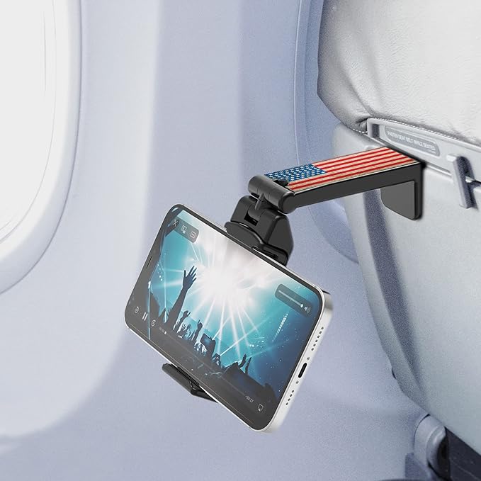 Beyond Cell Travel Accessories, Universal Seat Back Tray Table Hands Free Phone Clip Holder, Adjustable Pocket Size Airplane Travel Essentials Compatible with iPhone and Android American Flag