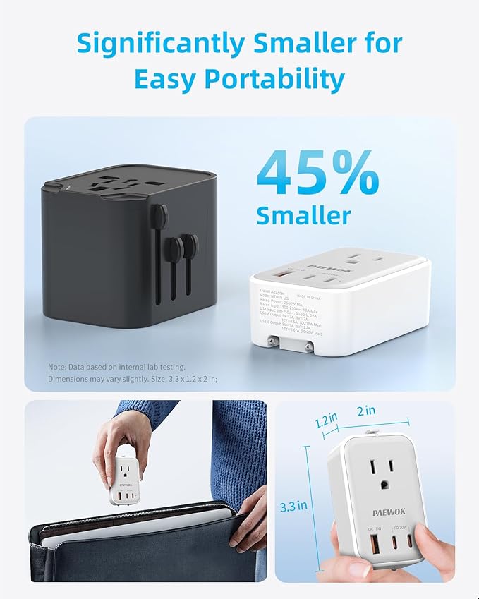 PAEWOK Travel Adapter PD 20W, Mini Universal Travel Adapter with 1 AC Outlet and USB Fast Charging, Ultra Thin International Plug Adaptor for US to European UK Italy Spain New Zealand (Type C G A I)