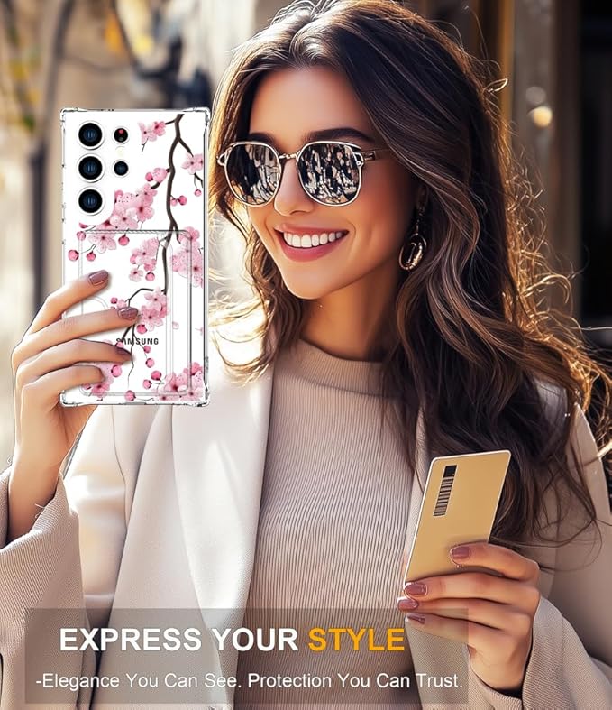 Compatible with Samsung Galaxy S24 Ultra Case Card Holder for Women Cute Design,Wallet Phone Cases Transparent Cool Kawaii Protective (Clear Sakura Peach Cherry)
