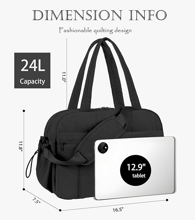 Lightweight Travel Duffle Bag for Women, Quilted Puffy Weekender with Wet Pocket for Gym, Overnight, Personal Item Carry On, Black