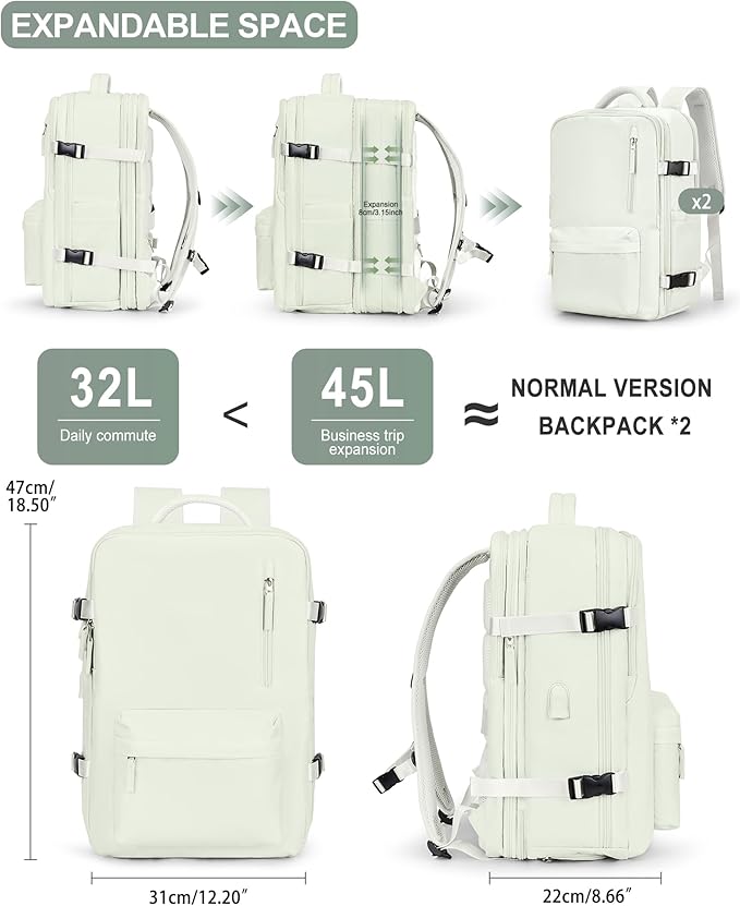 VGCUB Large Travel Backpack Bag for Women Men,Carry on Backpack,17 Inch Laptop Business Work Waterproof Backpack with Laptop Compartment,Person Item Flight Approved,Mochila de Viaje,White Expandable