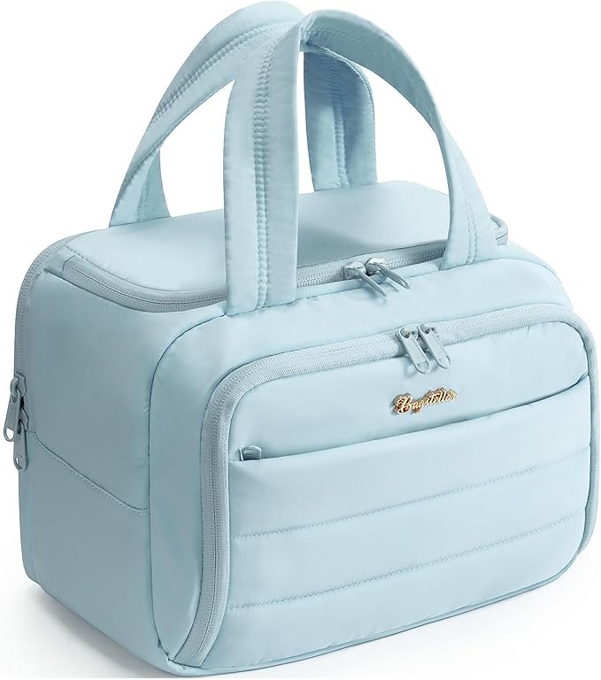 Bagstellar Travel Toiletry Bag for Women, Lightweight Large Quilted Puffy Makeup Bag Wide-open Make up Organizer Cloud Cosmetic Bag w/Handle for Traveling Toiletries Essentials Accessories Light Blue