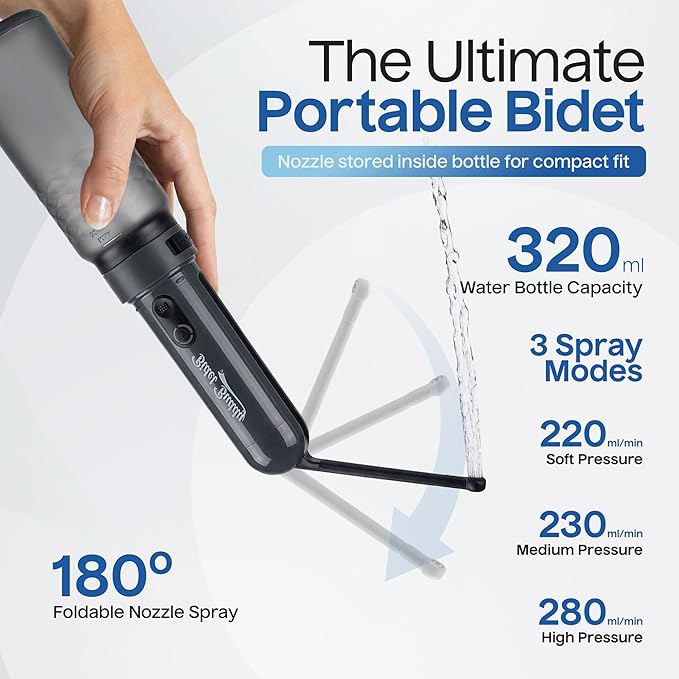 BIDET BUDDY® GoFlow Portable Bidet for Travel - 320ml Bottle with Adjustable Power Modes, Nozzle Wand, IPX7 Waterproof, USB C Charging, 800mAh Rechargeable Battery, Medium Pressure