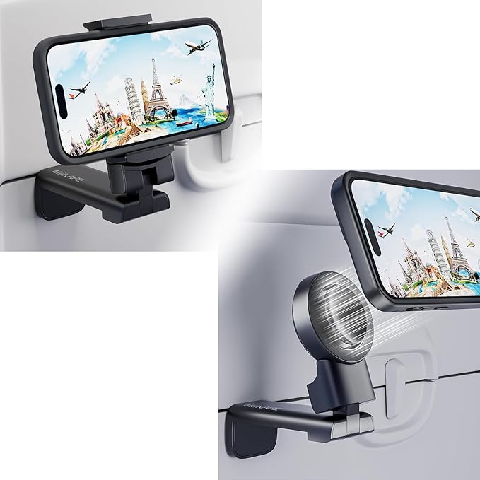 MiiKARE Airplane Travel Essentials Phone Holder, Universal Handsfree Phone Mount for Flying with 360 Degree Rotation, Accessory for Airplane, Travel Must Haves Phone Stand for Desk, Tray Table