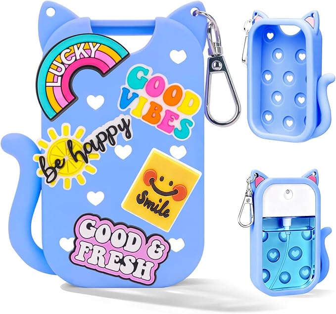 Cat Silicone Case for Touchland Hand Sanitizer Spray with Keychain & Charms,Compatible with Power Mist & Glow Mist 1 FL Oz/30ML for Touchland Case,Cute Travel Cover Sleeve Accessory (Blue Cat)
