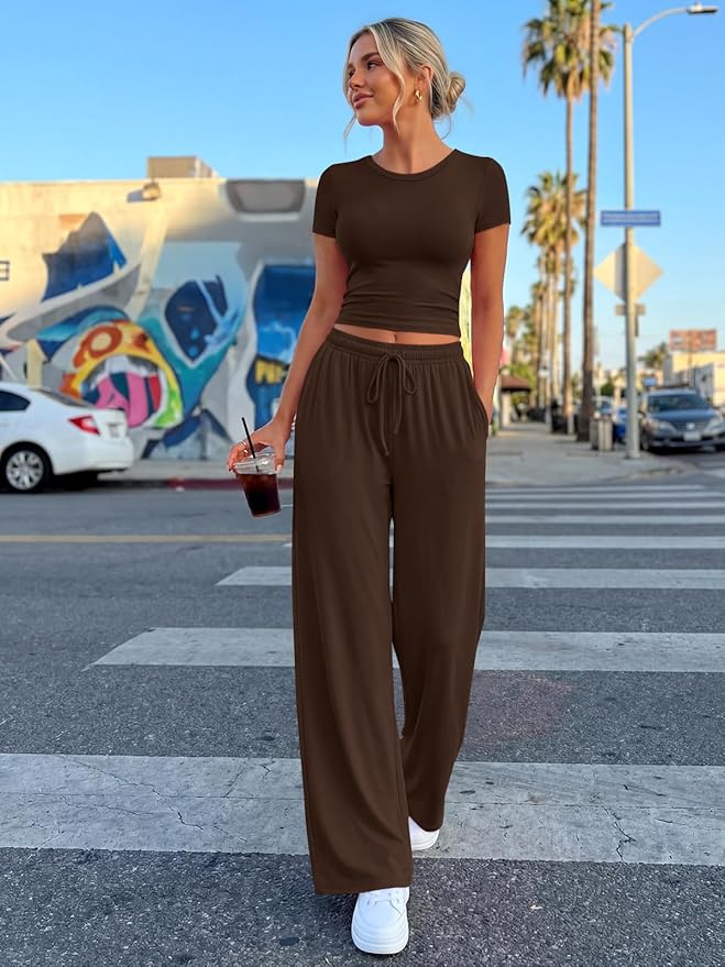 Trendy Queen 2 Piece Matching Summer Lounge Set Womens Side Ruching Top Wide Leg Pants Sets with Pockets