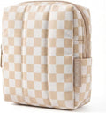 BAGSMART Small Travel Makeup Bag for Purse Toiletry Pouch, Puffy Padded Mini Cosmetics Bag, Cute Make Up Pouch for Women with Slip-in Pocket, Travel Essentials for Toiletries, Checkered Khaki