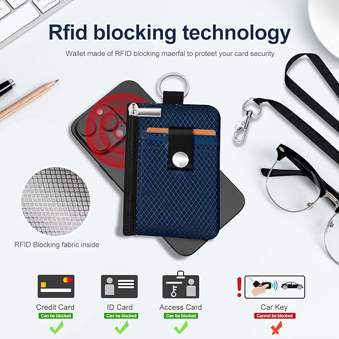 Minimalist RFID Blocking Small Wallet with ID Window,WaterResistant Zip Id Case Wallet with Lanyard Keychain for Cards,Cash,Travel,Women,Men (Dark blue)