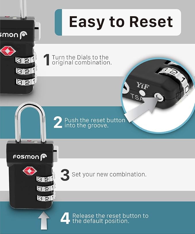 Fosmon TSA Approved Luggage Locks, Suitcase Travel Lock with Push Release Button for Extra Security, 3 Digit Combination Padlock for Gun Case Backpack Zipper Anti Theft Gym Locker - Black, 2 Pack