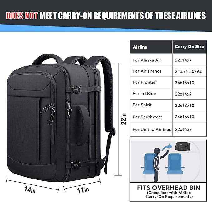 Expandable Travel Backpack 50L-60L, Extra Large Carry on Backpack Hiking Camping Rucksack with Waterproof Wet Pocket, Anti-Theft 19 Inch Gaming Laptop Bag for Road Trip Outdoor Sports, Black