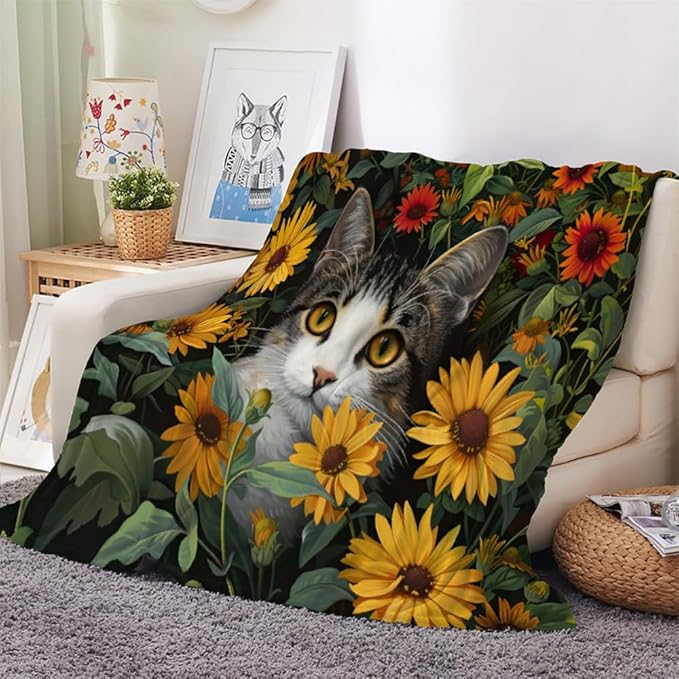Cats Print Blanket Twin Size, Fleece Blanket for Couch Bed Sofa, Daisy Flowers Blankets and Throws, Pet Animal Super Soft Cozy Plush Flannel Blanket, 70 x 90 in, Yellow Sunflower