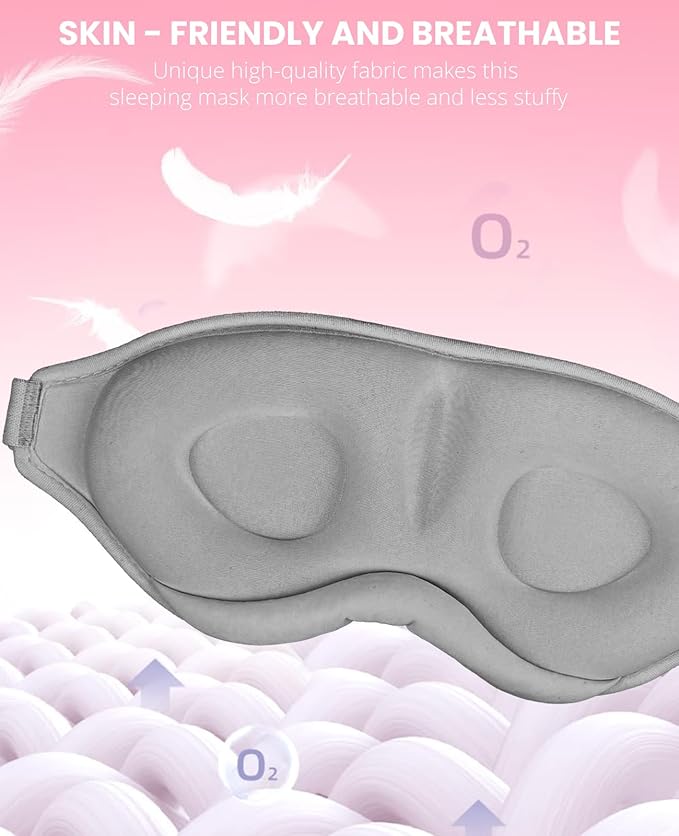 Sleep Mask for Side Sleeper Women Men, Light Blocking Eye Mask for Sleeping, 3D Contoured Cup Sleeping Mask for Zero Eye Pressure, with Adjustable Elastic Strap for Sleep Travel, Grey