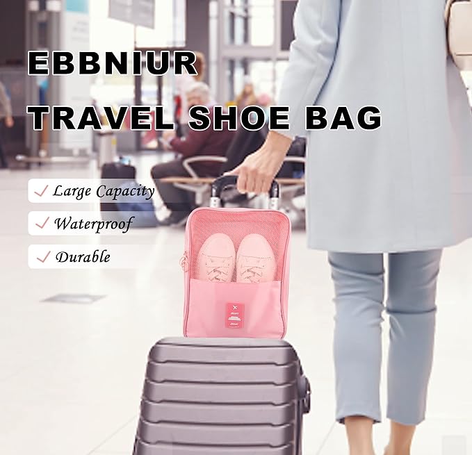 Travel Shoe Bag - Waterproof Shoe Organizer Holds 3 Pairs, Packing Cube for Suitcase Travel and Daily Use Storage Pouch with Handle (Pink)