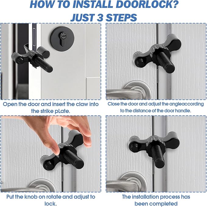 Portable Door Lock for Travel Security, Heavy Duty Metal Hotel Privacy Device for Solo Travelers, Safety Essential for Home, Apartment and Dorm, Black